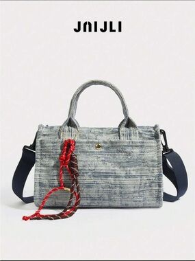Women's Gray Woven Satchel Bag with Navy Strap